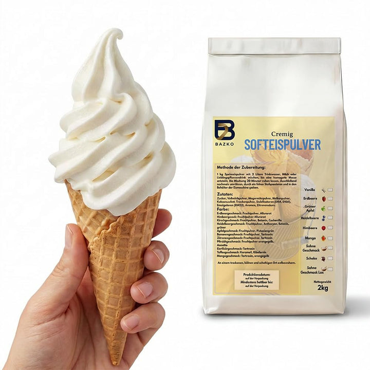 Bazko Sahne Geschmack Eispulver für Eismaschine | Softeispulver Speiseeispulver 2 kg für 6 kg Eis |