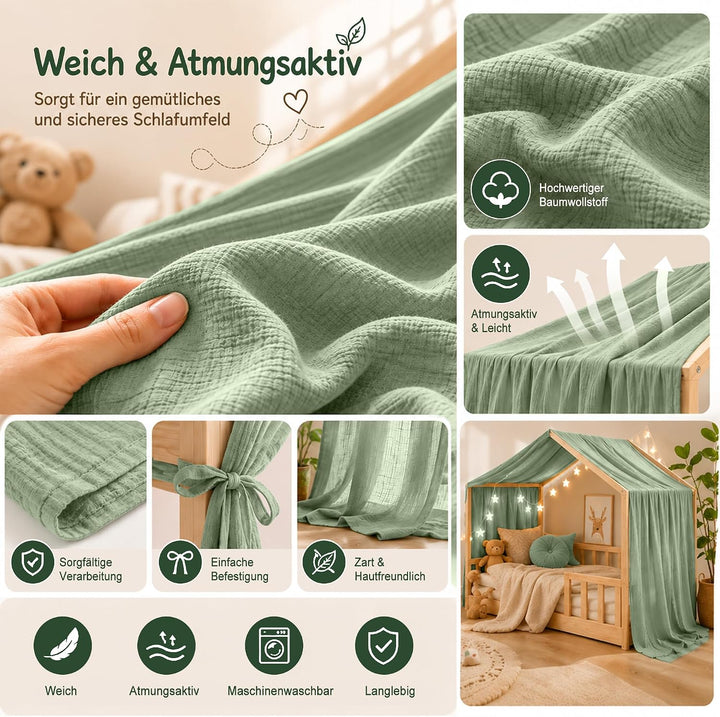 Hausbett Himmel Deko Set, Betthimmel Hausbett aus Musselin - 1 Betthimmel &amp; 1 Wimpelkette, für Junge