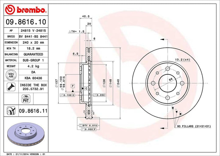 Brembo 09.8616.11 Vordere Bremsscheibe mit UV Lackierung, Anzahl 2
