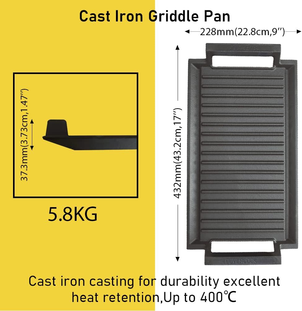 COVERCOOK Gusseisen-Grillpfanne - Grillpfanne - Rechteckige Grillplatte - 2 Griffe - 43 x 23 cm -Gri