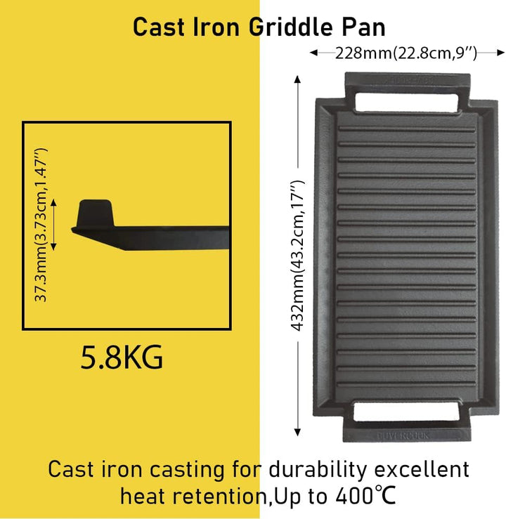COVERCOOK Gusseisen-Grillpfanne - Grillpfanne - Rechteckige Grillplatte - 2 Griffe - 43 x 23 cm -Gri