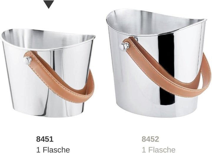 EDZARD Eiseimer Gilbert, Edelstahl glänzend vernickelt, brauner Ledergriff, Höhe 17 cm, Eiswürfeleim