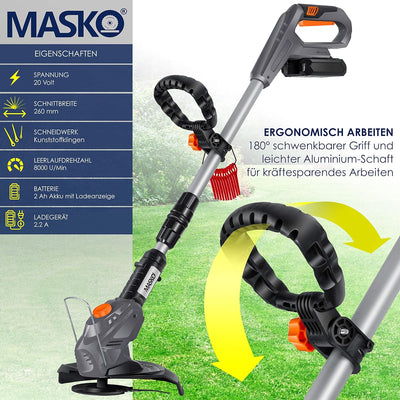 MASKO® Akku-Rasentrimmer mit 20 V Li-Akku, 2,0 Ah Akku und Ladegerät, Motorsense 26 cm Schnittkreis,