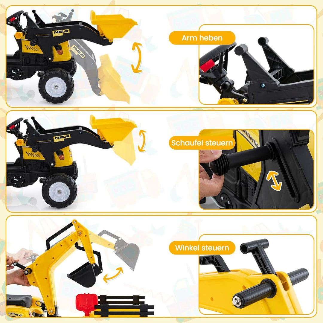 COSTWAY Trettraktor, Kinder Traktor mit Abnehmbarer Anhänger & Grabschaufel, Baggerlader bis 35 kg b
