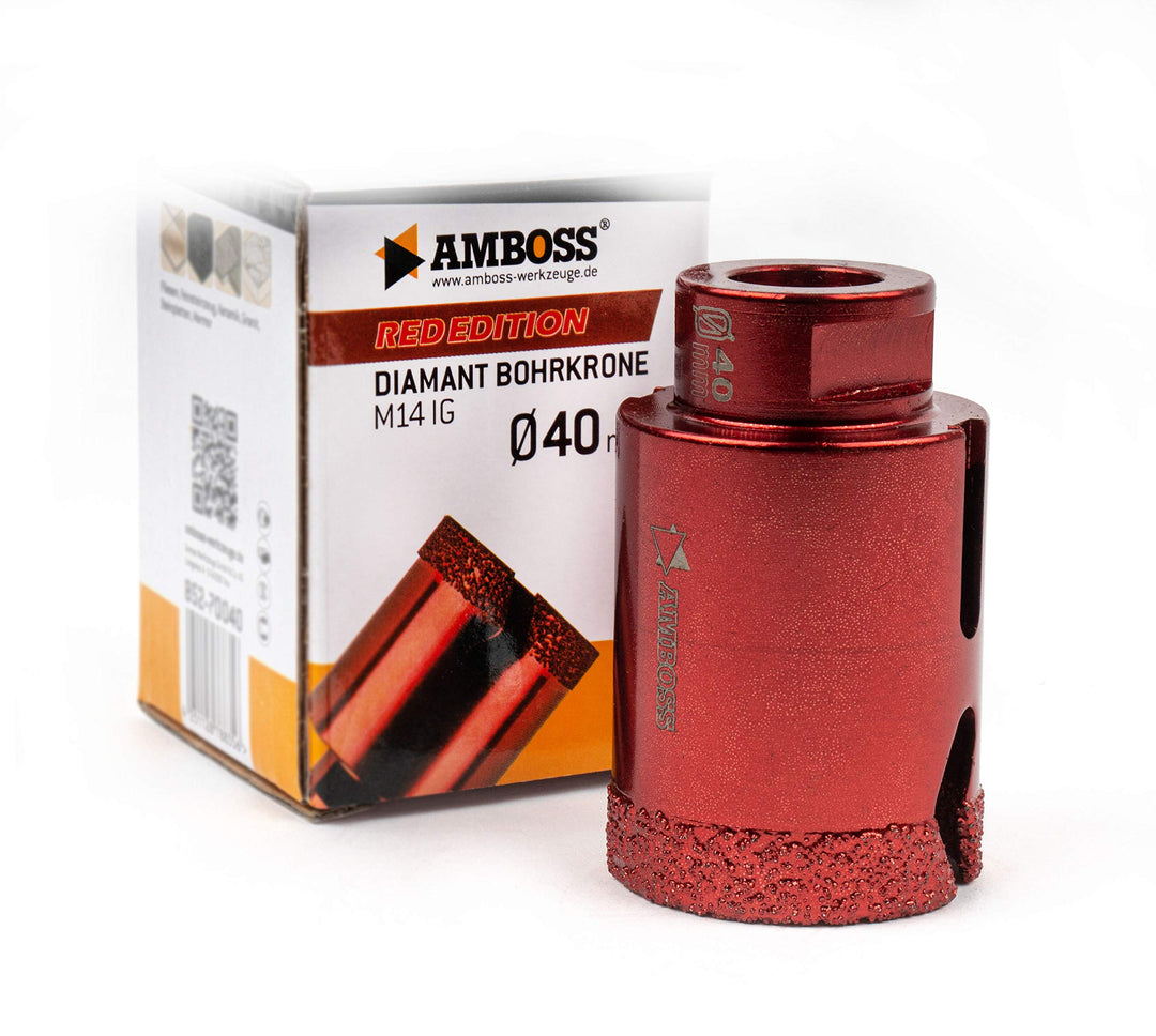 Amboss RED EDITION M14 Diamant Bohrkrone - für Winkelschleifer - Feinsteinzeug, harte Fliesen, Grani