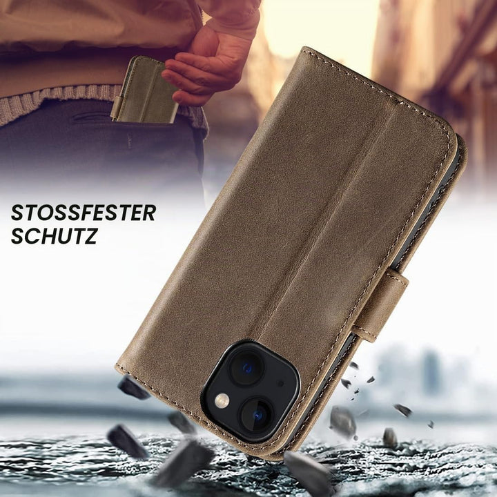 LENSUN Echtleder Hülle für iPhone 13 Mini, Handyhülle [Echtes Leder][Stand-Funktion][RFID Schutz] Ha