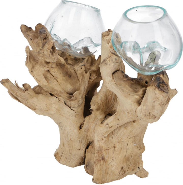 GURU SHOP Exotische Wurzelholz Vase mit 2 Gläsern - 2 x Ø Glas bis 10 cm 2 * Ø Glas Bis 10 Cm, 2 * Ø