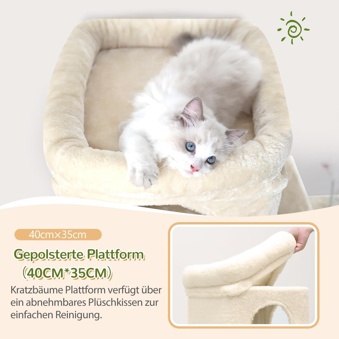 Globlazer Kratzbaum Beige für 2-4 Katzen mit 3 Grosse Katzenhaus 40*33*35cm, Weich Katzenkorb, Kratz