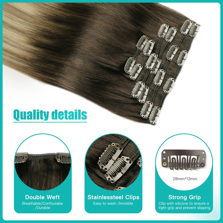 SURNEL Clip in Haarverlängerungen Ombré Walnuss Braun bis Ash Braun und Bleach Blonde 50cm 120g 7 St