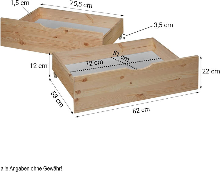 Homestyle4u Bettkasten Aufbewahrung mit Rollen Holz Natur 2er Set Bett Schublade Schubkästen 2 Stück