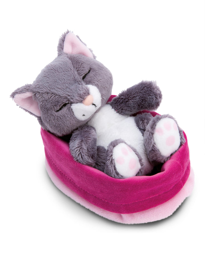NICI Kuscheltier Katze grau 12cm schlafend im Körbchen, Katze Grau