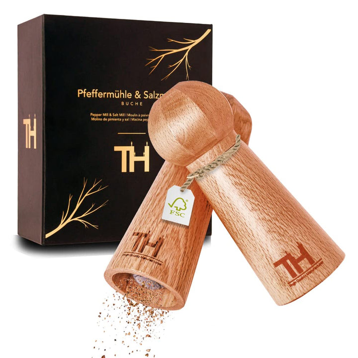 Profi Salz und Pfeffermühle Set - patentiertes Keramikmahlwerk - inkl. Untersetzer & Reinigungspinse