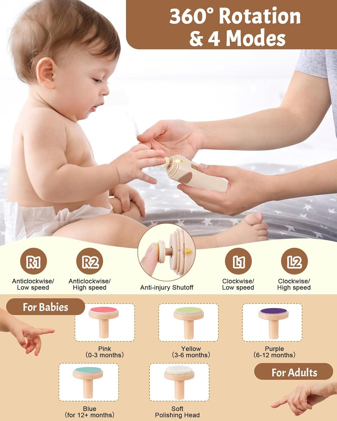 Lictin Elektrische Nagelfeile Baby, Wiederaufladbar Nagelfeile Baby, Nagelfeile Elektrisch mit Licht