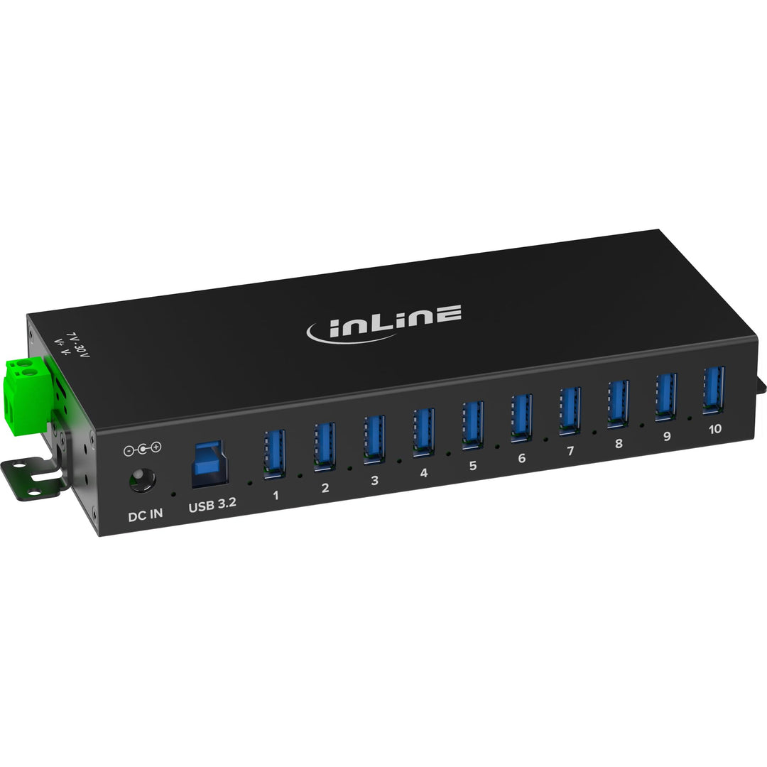 Inline USB 3.2 Gen.1 Industrie-Hub mit 10 Ports, Aluminiumgehäuse, DIN-Schienen-Montage, aktiver USB