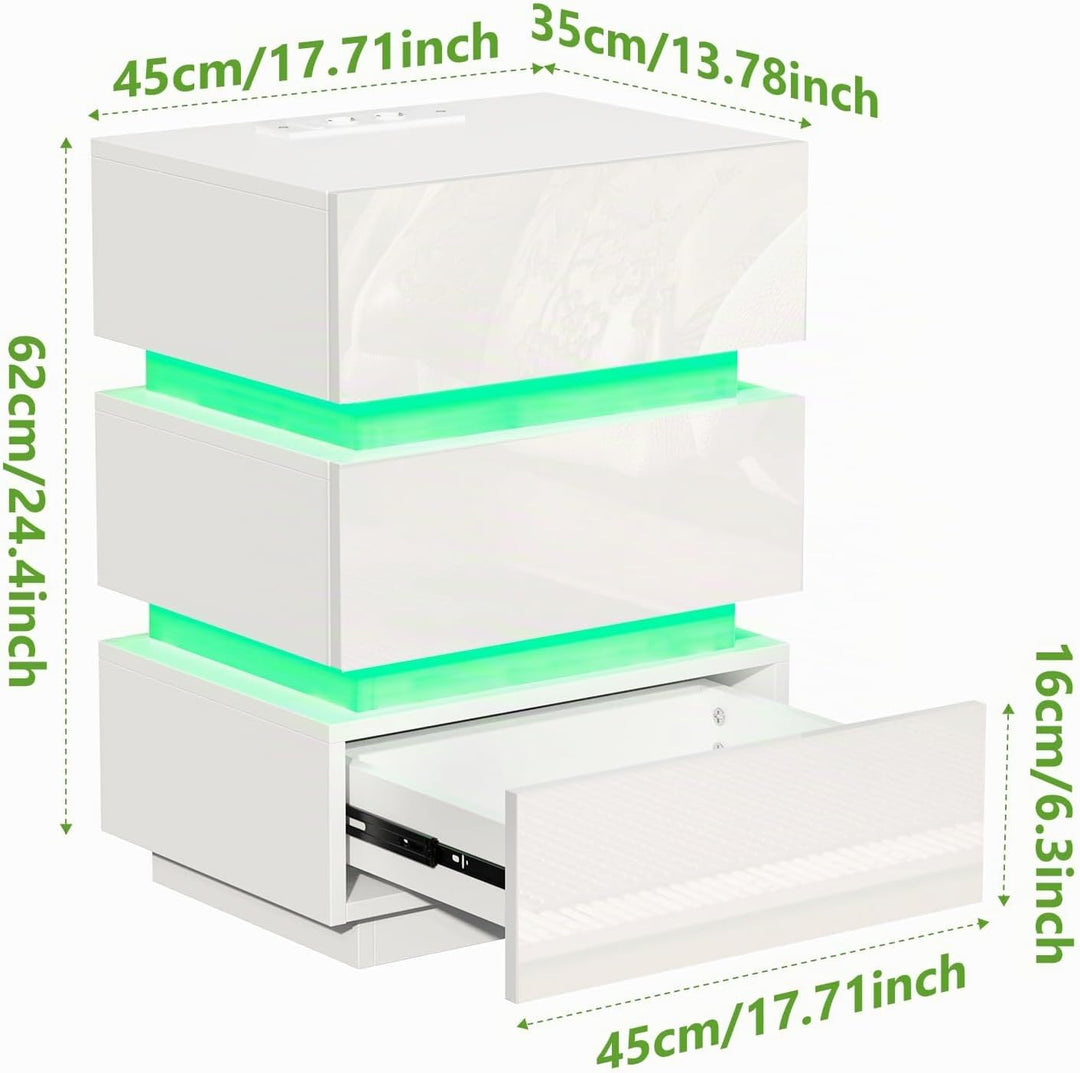 PIPIPOXER LED Nachttisch 2er Set mit Steckdose &amp; USB, Nachttisch Weiss Hochglanz mit 3 Schubladen, N