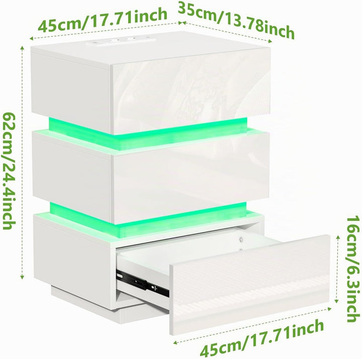 PIPIPOXER LED Nachttisch 2er Set mit Steckdose &amp; USB, Nachttisch Weiss Hochglanz mit 3 Schubladen, N