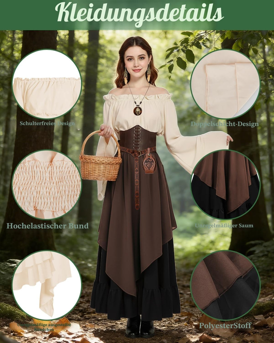 Mittelalter Kleidung Damen Set, Renaissance Kostüm und Retro Off Shoulder Bluse mit Corsett, Gürtelt