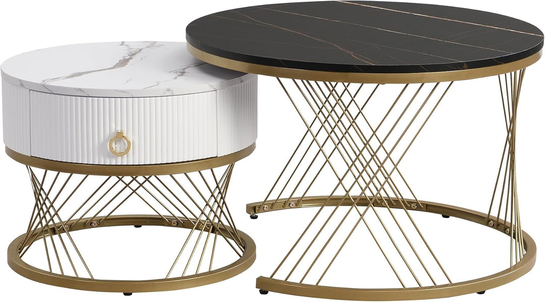 Merax Couchtisch 2er-Set, 70x70 cm+50x50 cm, Marmoroptik mit Golddekor, Beistelltisch mit Schubladen