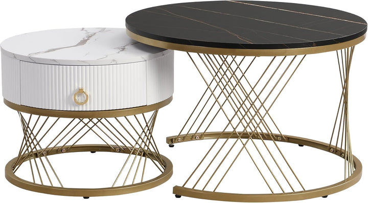 Merax Couchtisch 2er-Set, 70x70 cm+50x50 cm, Marmoroptik mit Golddekor, Beistelltisch mit Schubladen