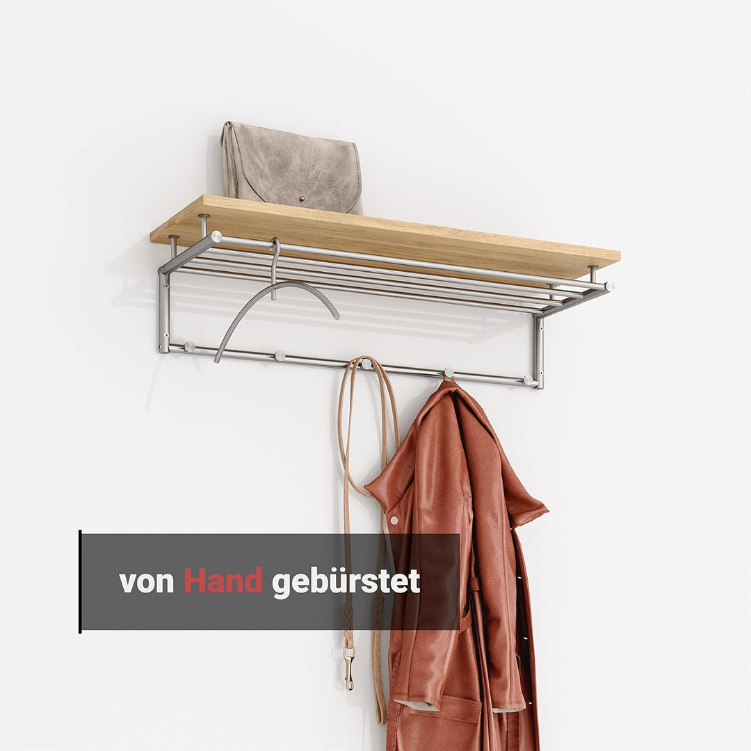 PHOS Design, G17-800-Eiche, 80 cm breite Edelstahl Wandgarderobe mit 4 Kleiderstangen, 5 Kleiderhake