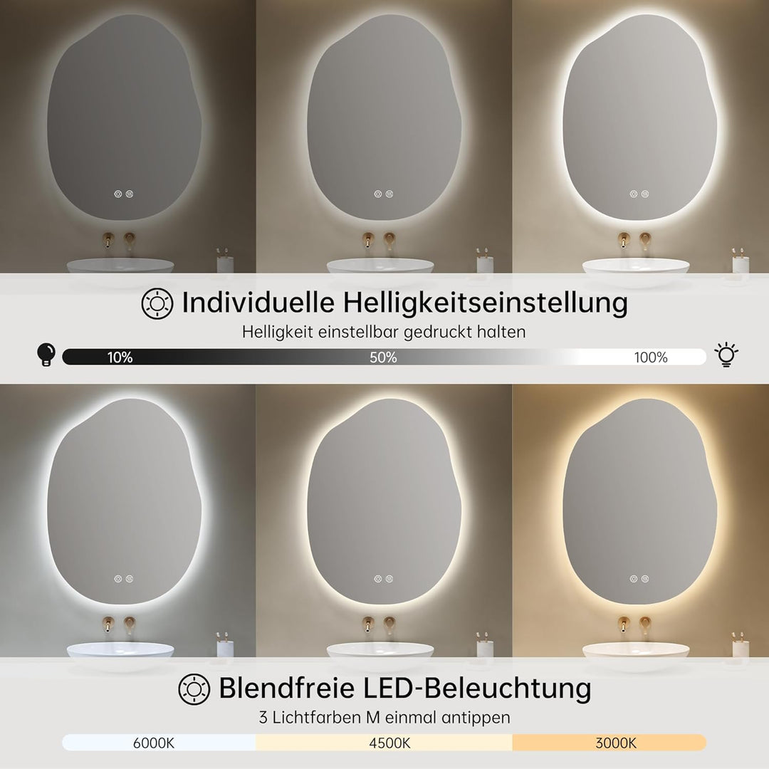 Spiegel mit Beleuchtung Asymmetrischer LED Badspiegel 60 x 80 cm mit Touch-Schalter, Dimmbar 3 Licht