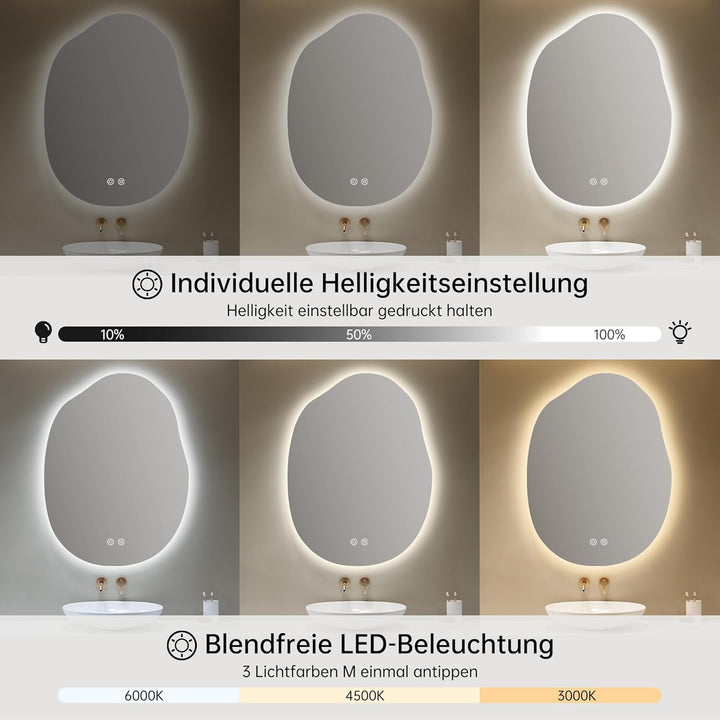 Spiegel mit Beleuchtung Asymmetrischer LED Badspiegel 60 x 80 cm mit Touch-Schalter, Dimmbar 3 Licht