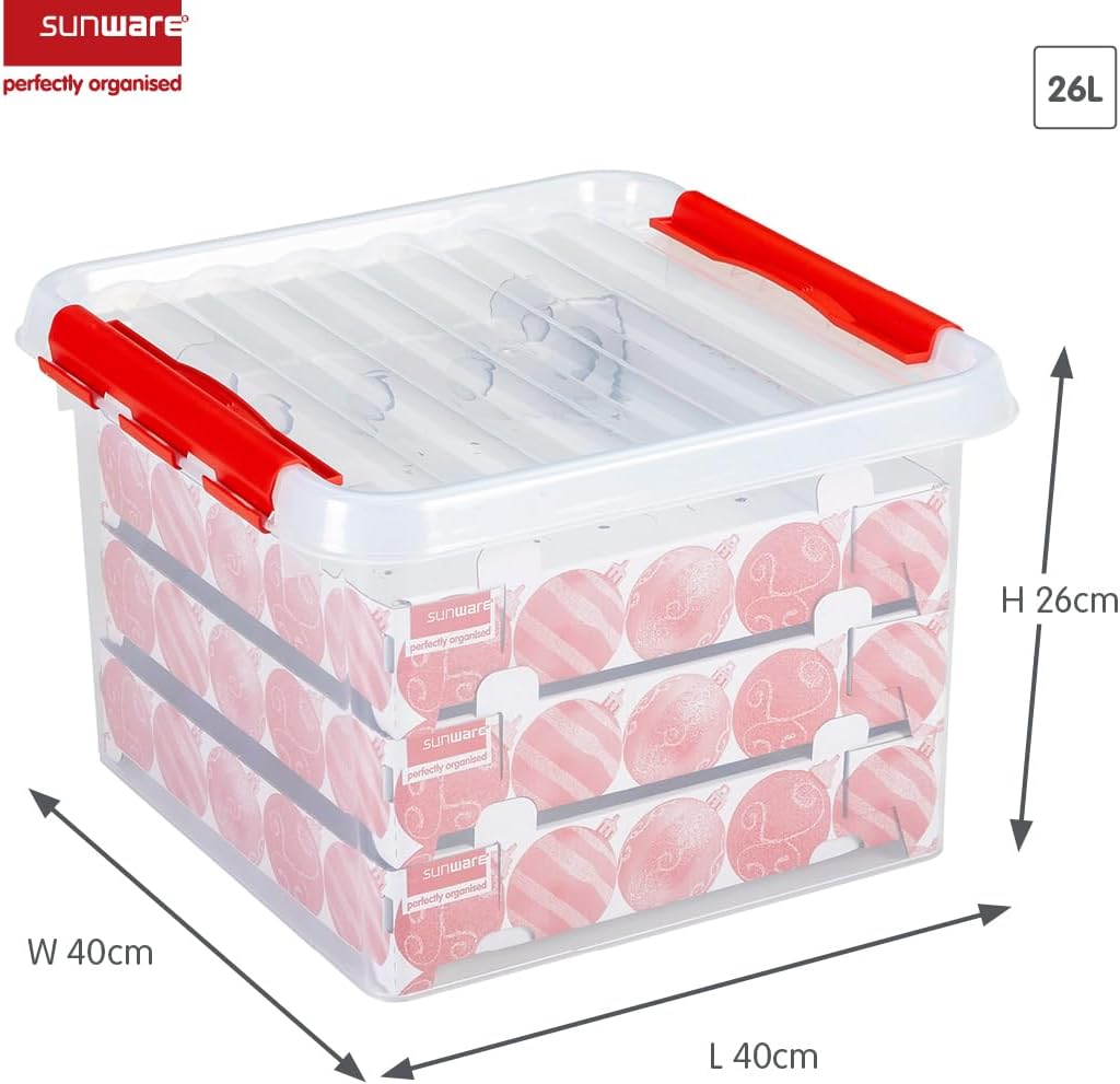 Sunware Q-Line Weihnachtsbox 26 Liter + Einsatz für 75 Weihnachtskugeln - transparent/red