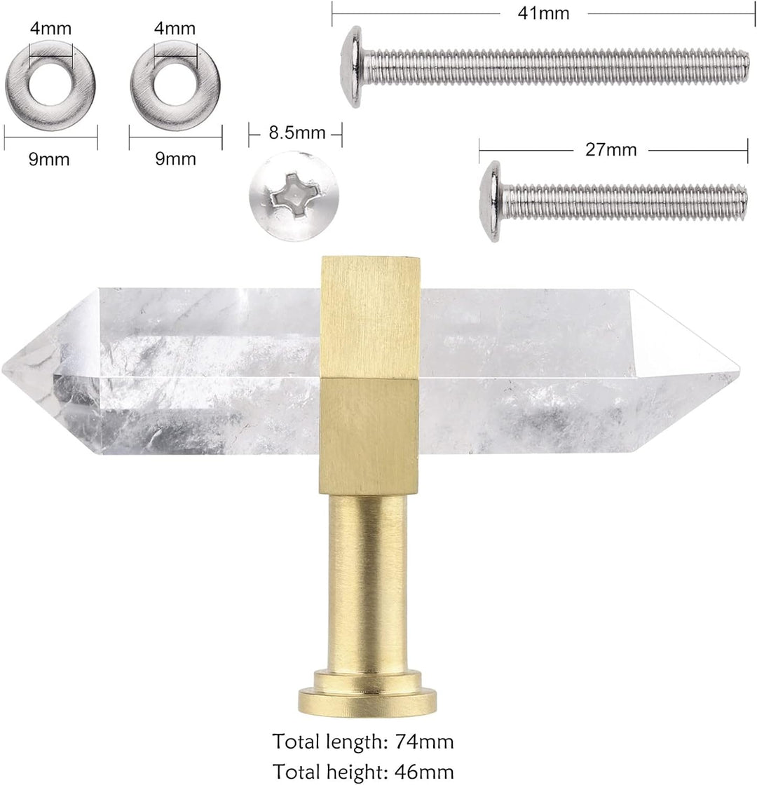 KYEYGWO 2 Stück Bergkristall Heilstein Punkt Möbelknöpfe mit Schrauben, Messing Schubladenknöpfe Kri
