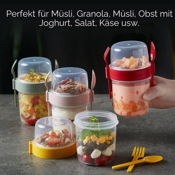 CRYSTALIA Müslibecher to Go mit Löffel & Gabel Set 4, 100 % BPA-FREI Joghurt Becher to Go mit Deckel