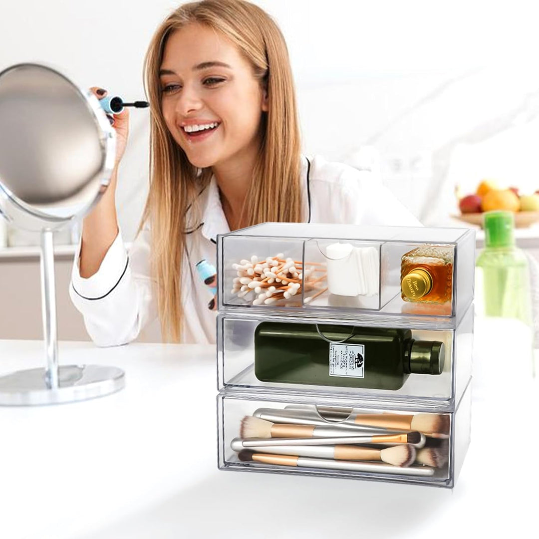 3 Stück Acryl Schubladen Schminktisch Organizer, Stapelbarer Badezimmer Make Up Organizer, Transpare