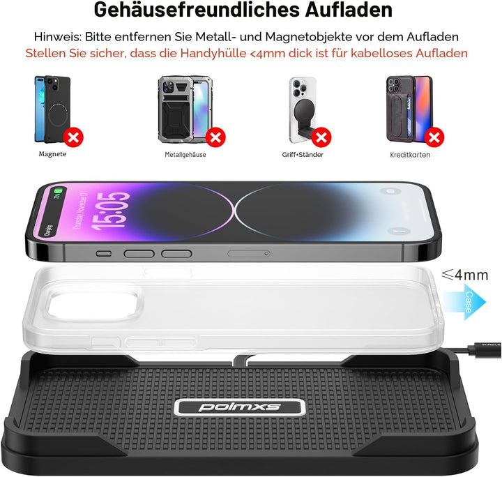 Wireless Charger Auto, Polmxs 15W Schnell Kabellose Ladestation Auto rutschfeste Matte Large Size La