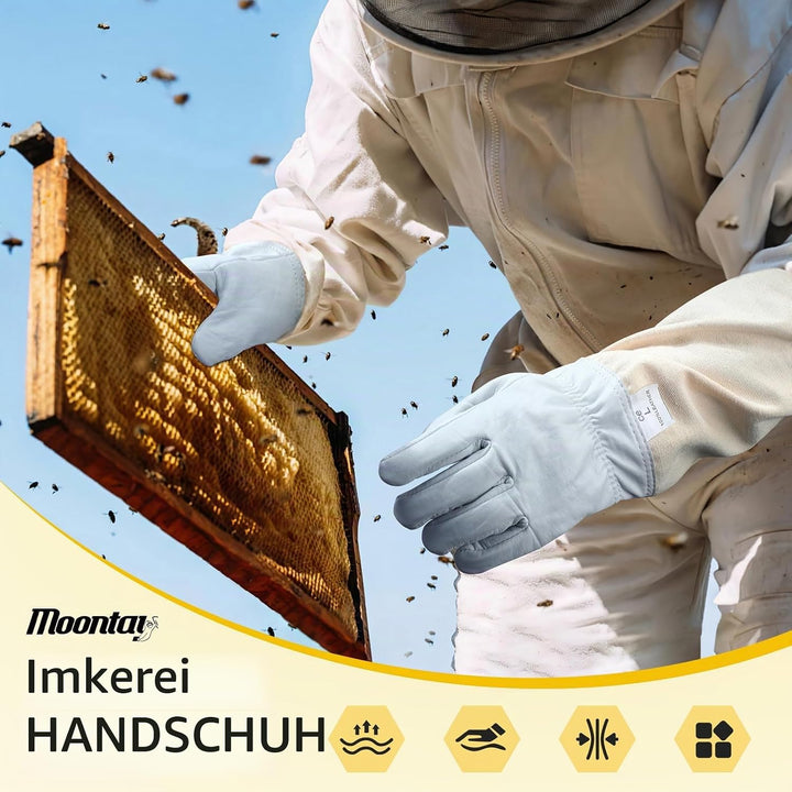 Moontay Imkerhandschuhe aus Ziegenleder, Atmungsaktive Canvas Imkerhandschuhe Stichfest, Geeignet fü