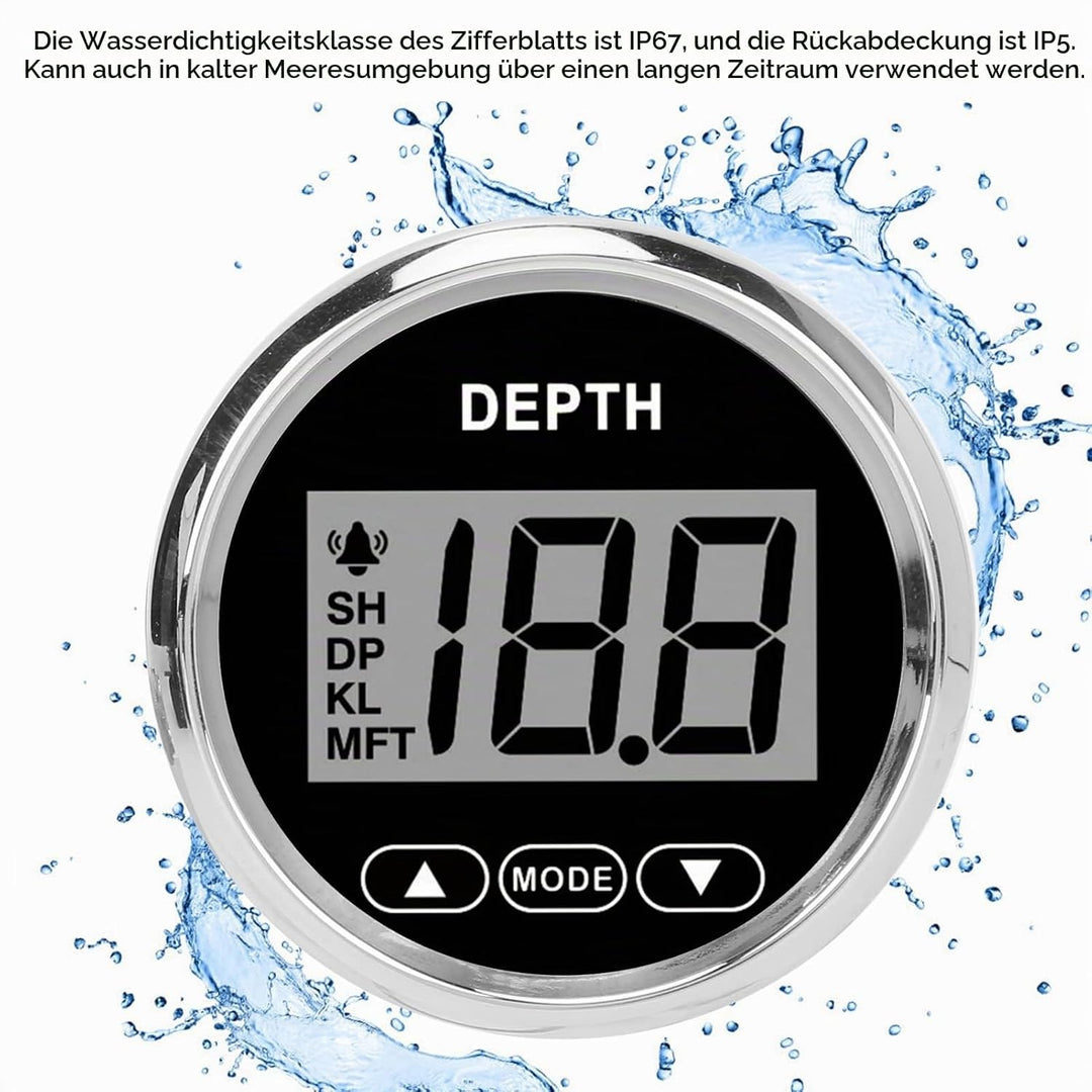 Digitaler Bootstiefenmesser, 52 Mm/2 Zoll Marine-Tiefenmesser, Wasserdichter Armaturenbrett-Tiefenme