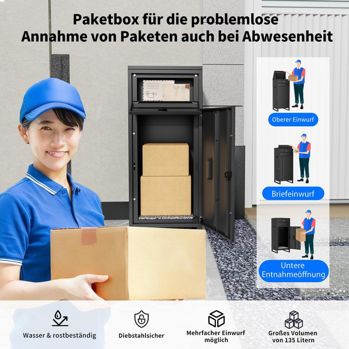 Stahl Briefkasten Paketbox, Montagefrei Paketkasten mit Schlüssel, Briefkasten Wasserdicht & Rostfes