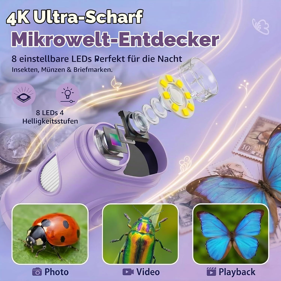 Mikroskop für Kinder, 1000X 4K Digitalmikroskop mit IPS-Display, 8 LED Licht, USB-aufladbar, Tragbar