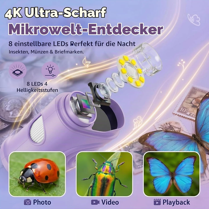 Mikroskop für Kinder, 1000X 4K Digitalmikroskop mit IPS-Display, 8 LED Licht, USB-aufladbar, Tragbar