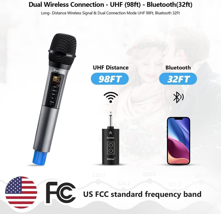 Bietrun Kabellose Mikrofone mit Echo, Höhen, Bass und Bluetooth, 160 m Reichweite, tragbares UHF-Han