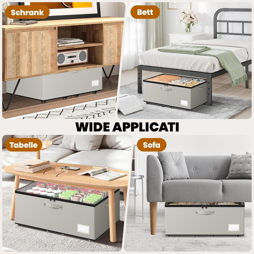Mavivegue 2er Set Unterbettkommode mit 360° Rollen, Vliesstoff, Grau | 2 Aufbewahrungsboxen. Deckel