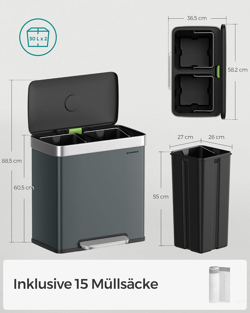 SONGMICS Mülleimer Küche, 2 x 30 L, Mülltrennsystem 2 Fächer, 15 Müllsäcke, Abfalleimer Edelstahl, I