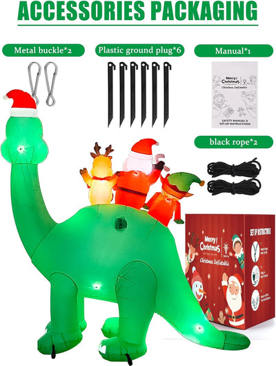 Kalolary 6,7 Fuss Aufblasbare Weihnachtsdekoration, Aufblasbarer Weihnachts-Dinosaurier mit Elf Rent