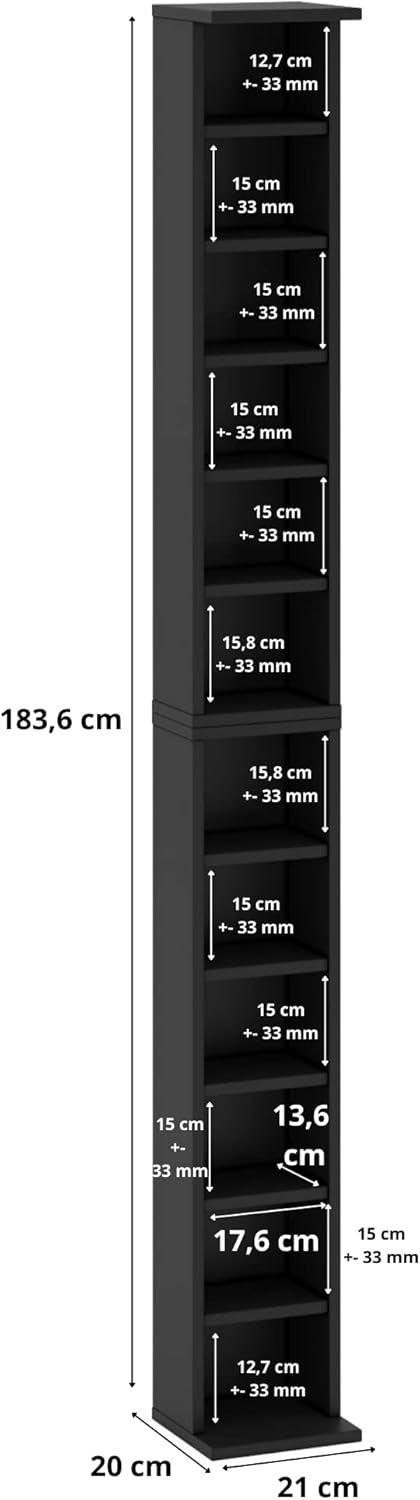 MediaTower CD/DVD Regal 204 CDs lub 72 DVDs/Blue Ray (Schwarz, 20x21x183.6 cm) Schwarz 20 x 21 x 183