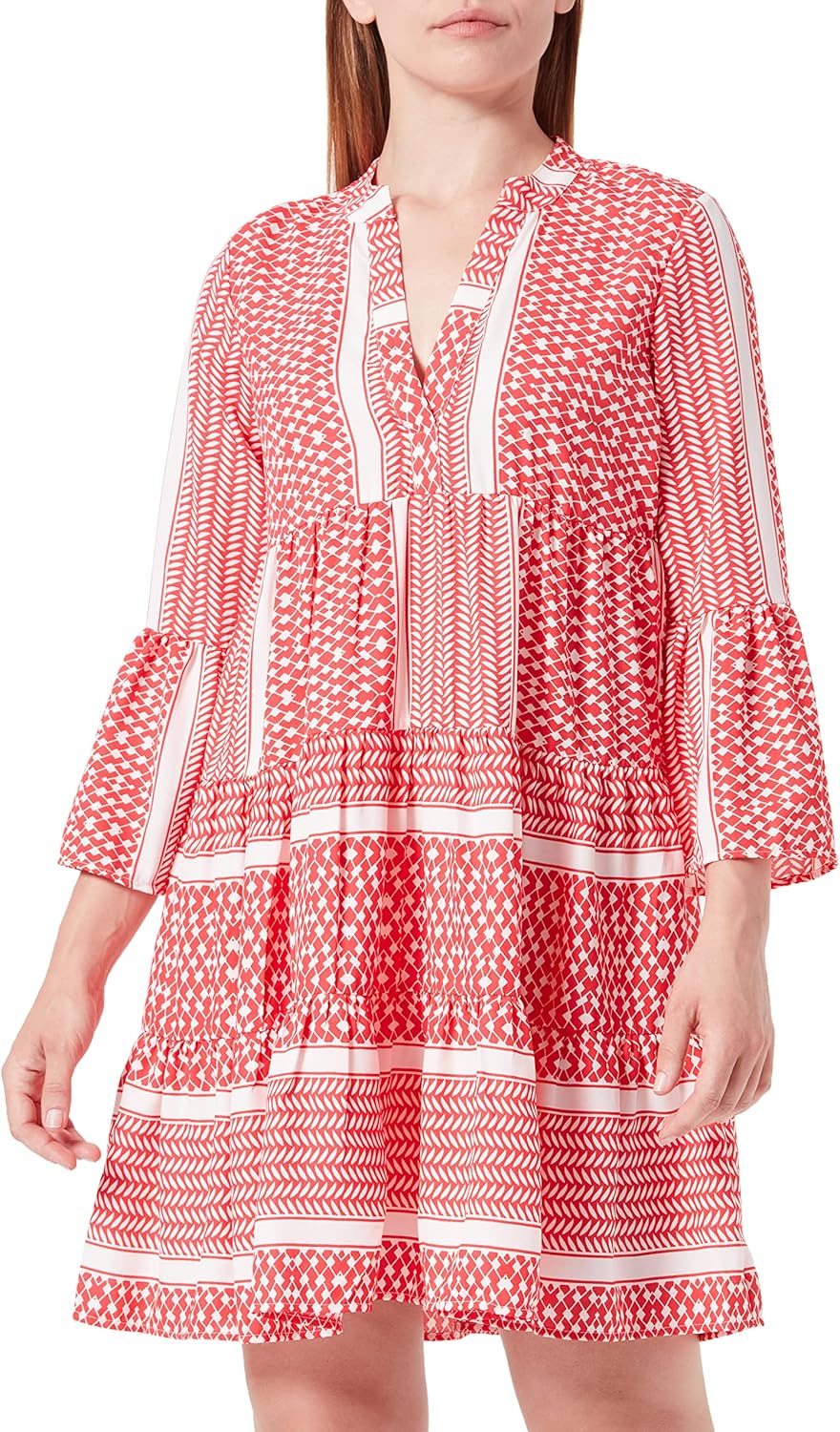 ONLY Women's ONLELLA Athena 3/4 V-Neck Dress WVN Kleid, High Risk Red/Aop:athena, XS