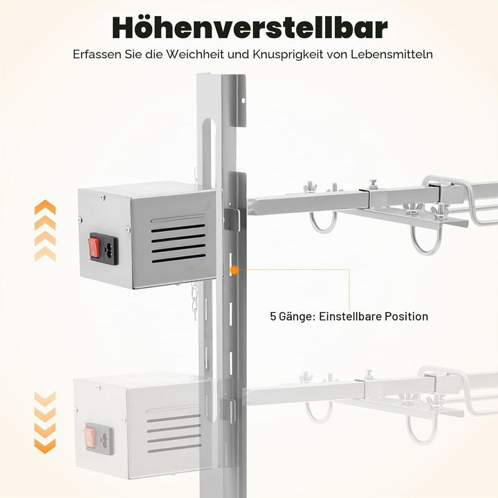Edelstahl Spanferkelgrill, Höhenverstellbar Grillspiess mit 15W Motor, Elektro Spiessbratengrill mit