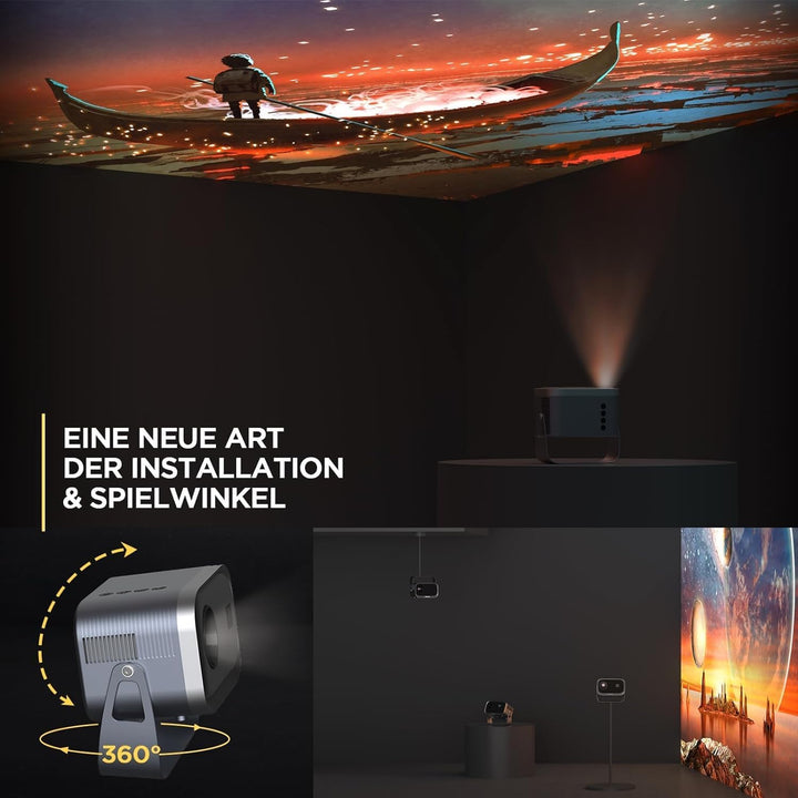 Beamer【Elektrischer Fokus/Trapezkorrektur】±360° Rotating Mini Beamer 1080P Full HD 12000L WiFi6 Blue