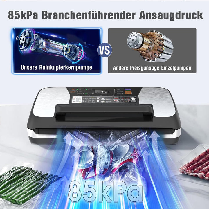 OidoZac 85kPa Vakumierergerät für Lebensmittel, 12-in-1 Folienschweissgerät mit Easy-Lock Griff, Vak