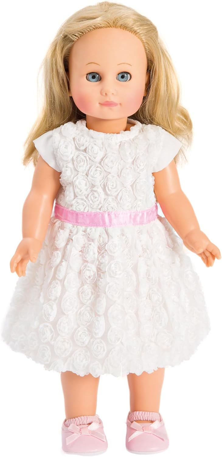 Heless 1650 - Traumkleid für Puppen in Weiss, mit kleinen Blumenröschen und einer rosa Schärpe, Grös