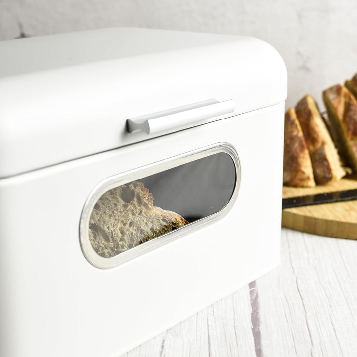 Sendez Brotkasten aus Metall mit Sichtfenster Brotkorb Aufbewahrung für Brot und Brötchen weiss mit