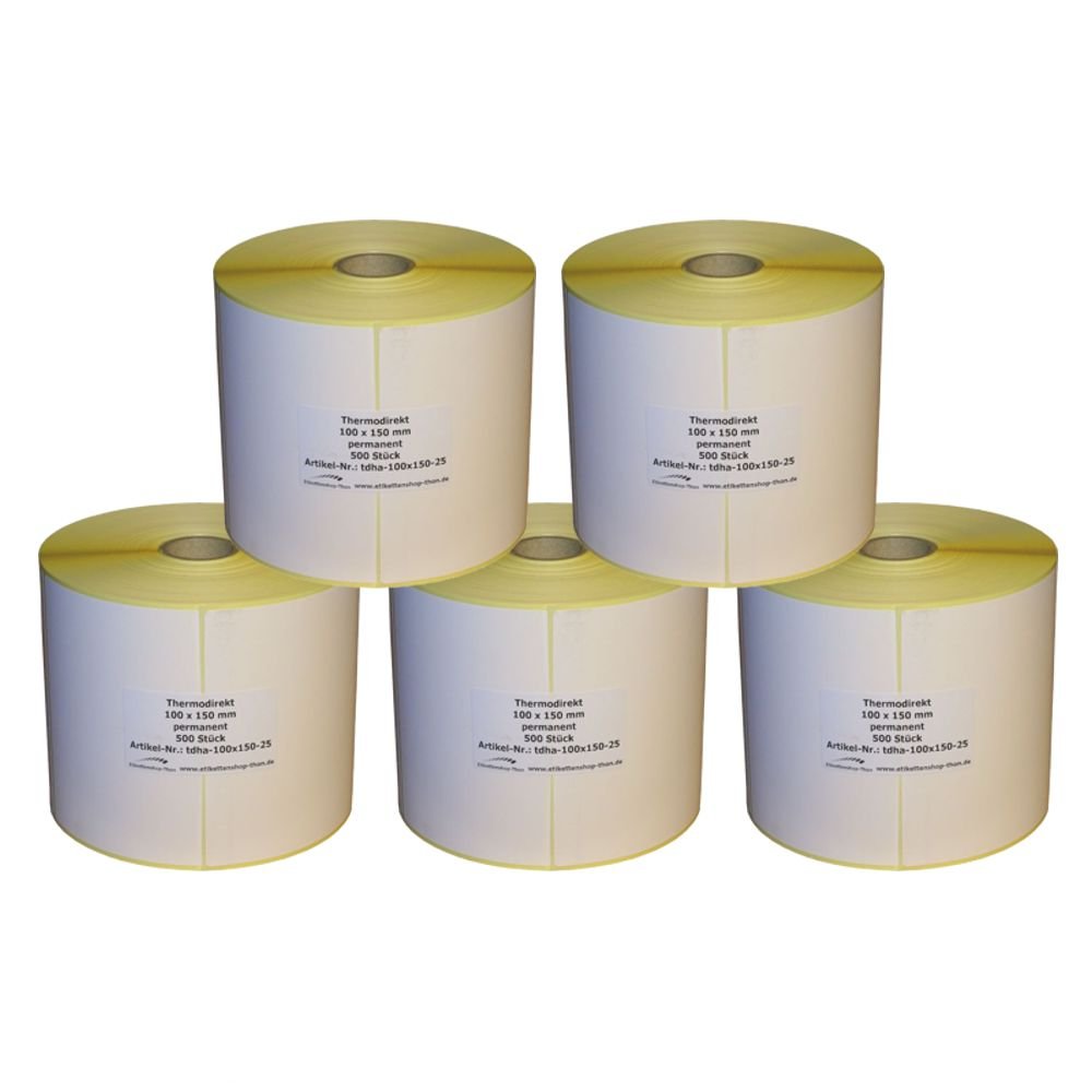 5 x Thermo Etiketten auf Rolle - 100 x 150 mm - 2.500 Stück - Hülse 25 mm - permanent haftend