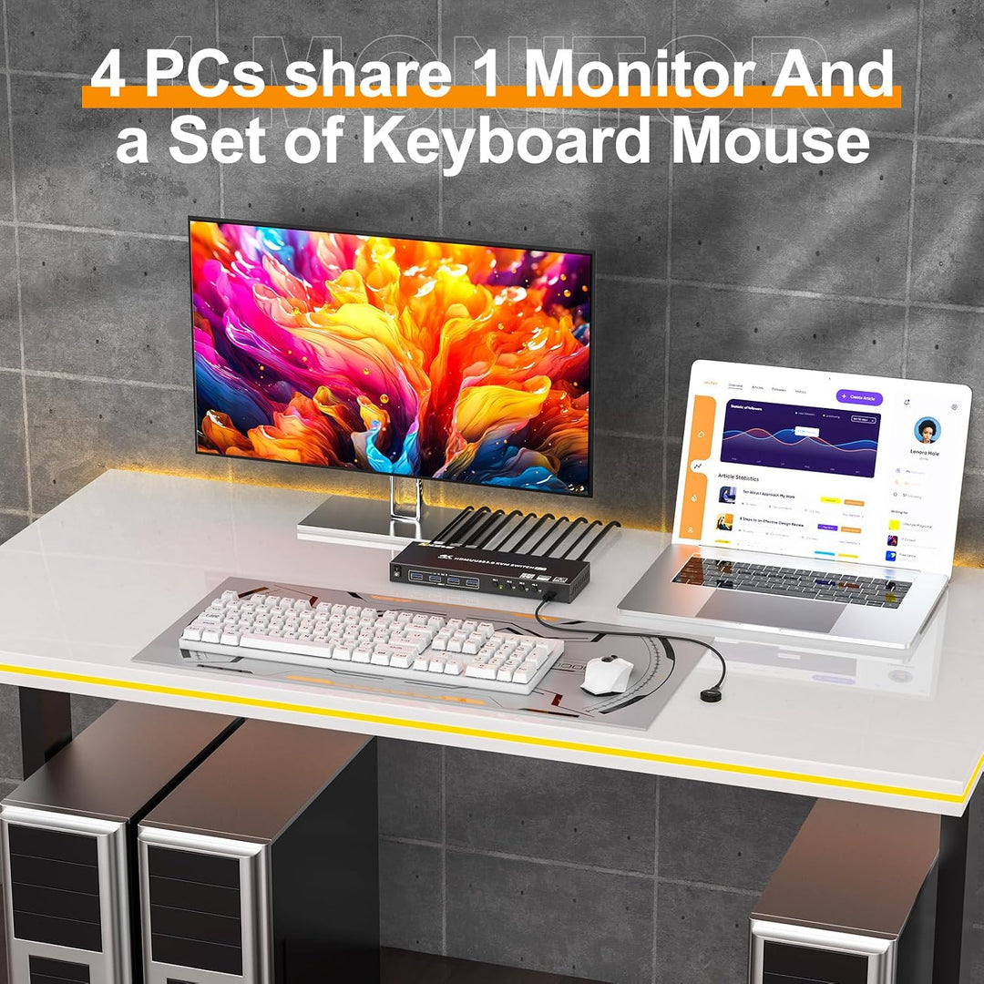 4 Port HDMI KVM Switch 4K@60Hz EDID-Simulation,KVM-Switches 4 PC 1 Monitor mit 4 USB 3.0 Ports für T