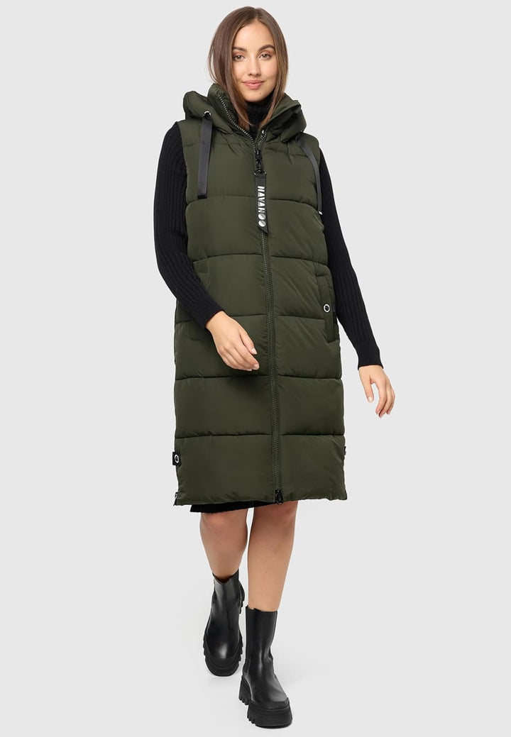Navahoo Damen ärmellose Lange Outdoorweste warme Winterjacke Schnuffelchen XS-3XL XS Dark Olive, XS
